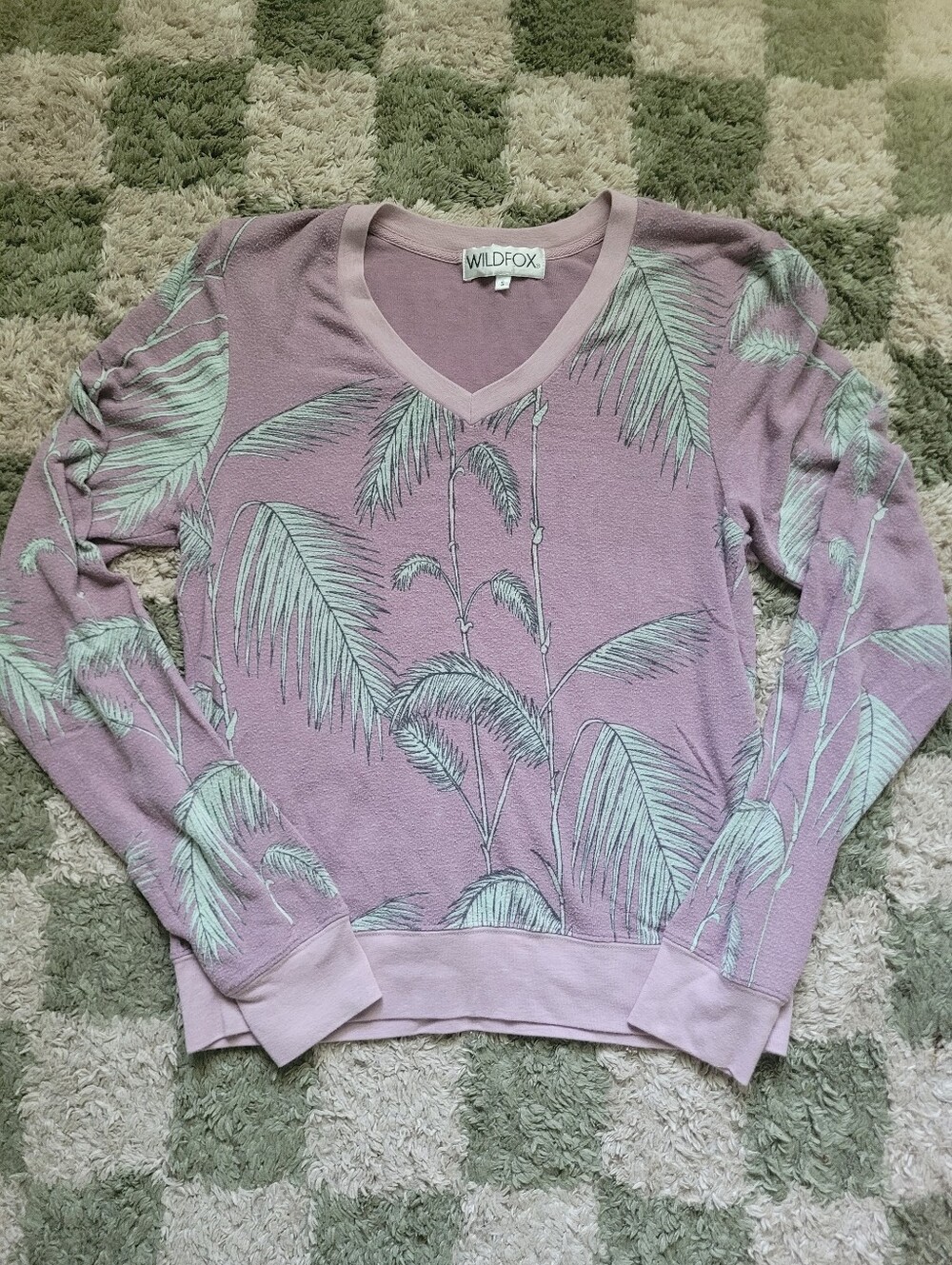 Wildfox Lavender V-Neck Sweater with Mint Palm Motif